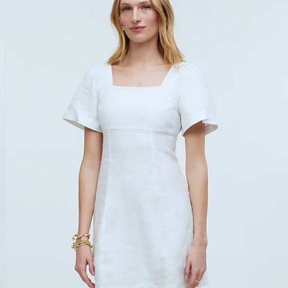 Madewell Square-Neck Mini Dress in 100% Linen in White NWT - Picture 3 of 14